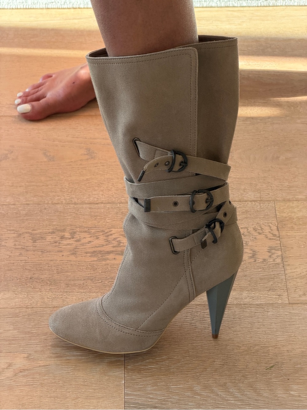 Stella McCartney Suede Mid-Calf Buckled Stiletto Boot in Taupe - Picture 2 of 8